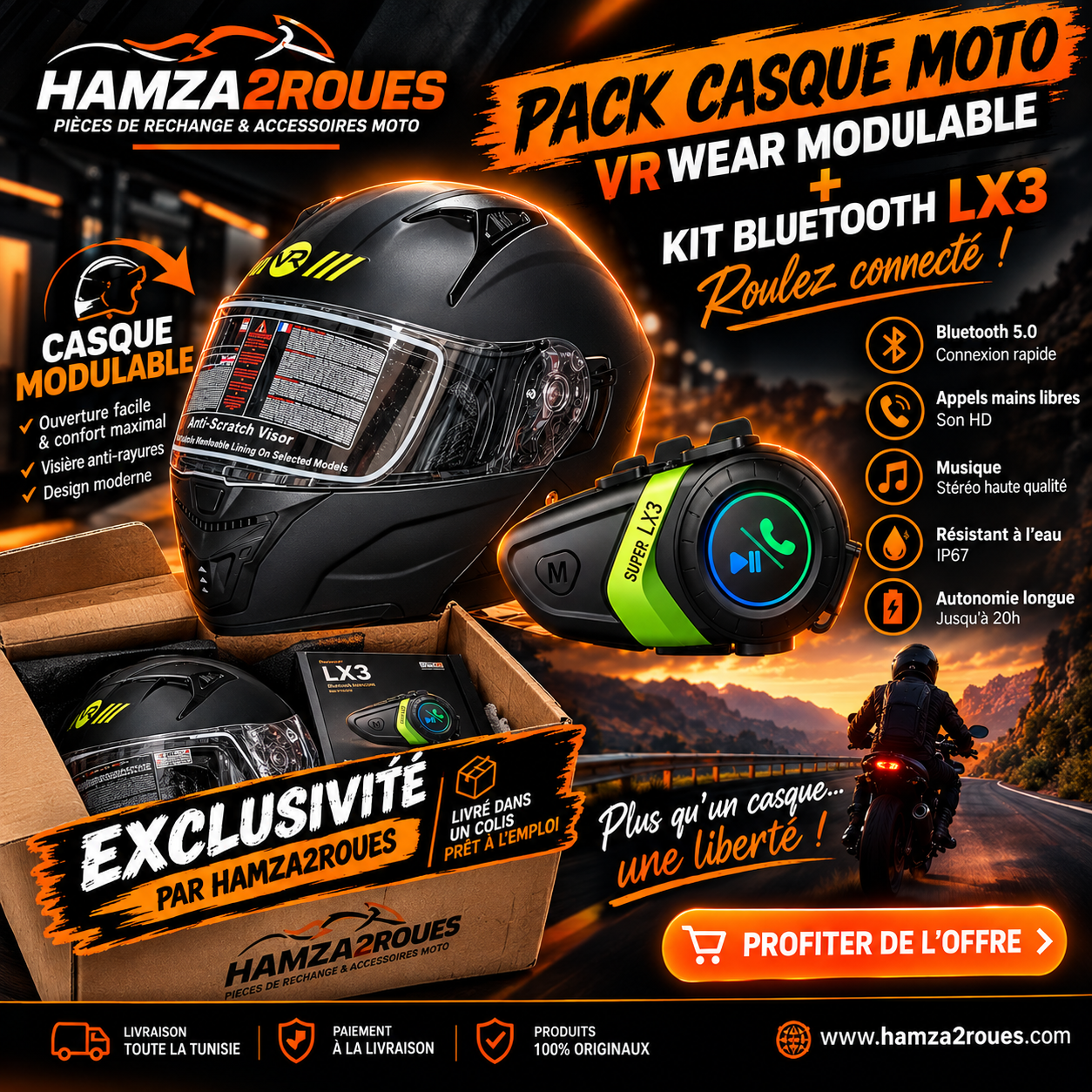 1e1b694c-a50a-4dfe-9c44-c5f050a84c0d Pack Casque Moto VR Wear + Kit Bluetooth LX3 – Image 1